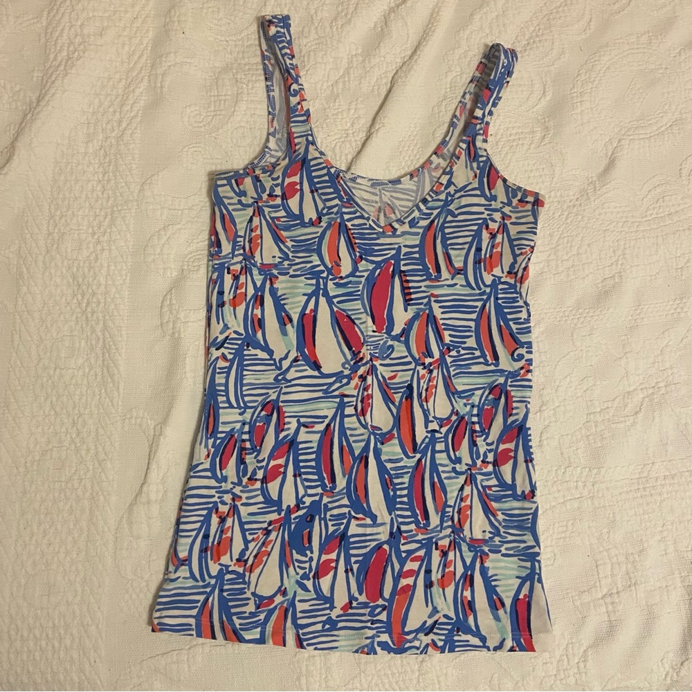 Lily Pulitzer sailboat print v neck low cut tank top women’s small
